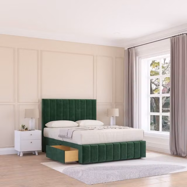 Sloomy California Double Divan Bed Base with Chesterfield Headboard and Footboard in Emerald Green Velvet, W/D/H: 140 x 200 cm