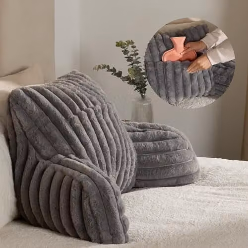 OHS Grey Faux Fur Ribbed Reading Pillow with Heatable Pocket and Back Support, W/D/H: 65 x 40 x 40 cm – 1