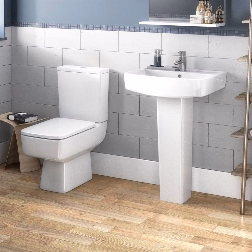 Nuie White Ceramic Square Pedestal Wash Basin W: 60.0 cm, D: 45.0 cm, H: 18.3 cm – 3