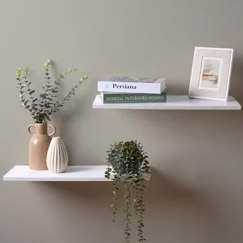 OHS Set of 2 White Modern Floating Wall Shelves, W/D/H: 62.0 x 24.0 x 3.7 cm – 2