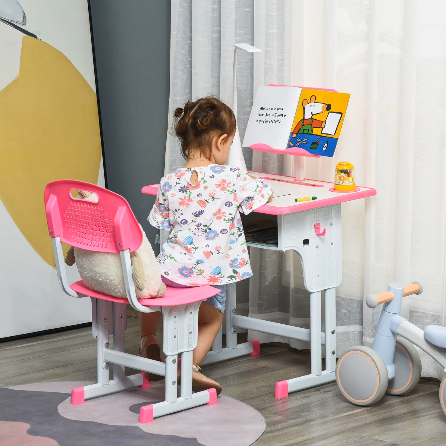 HOMCOM Kids Adjustable Height Study Desk and Chair Set in Pink with Drawer and Book Stand – 2