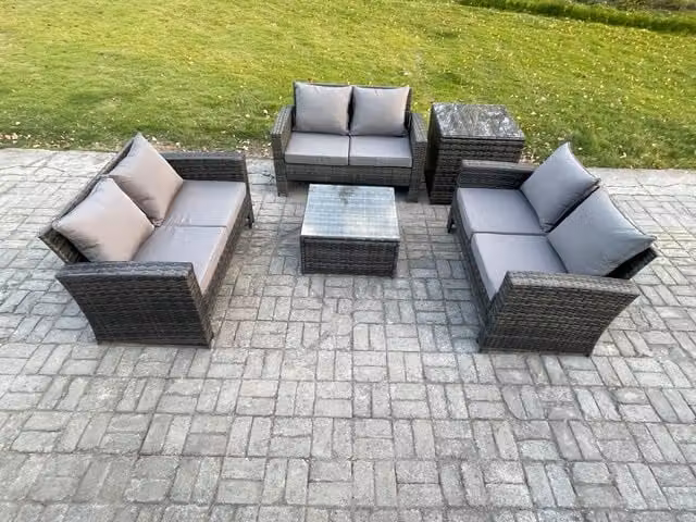Fimous 6 Seater Rattan Wicker Garden Furniture Set in Dark Grey with Upholstered Cushions, Square Coffee Table and Side Tables