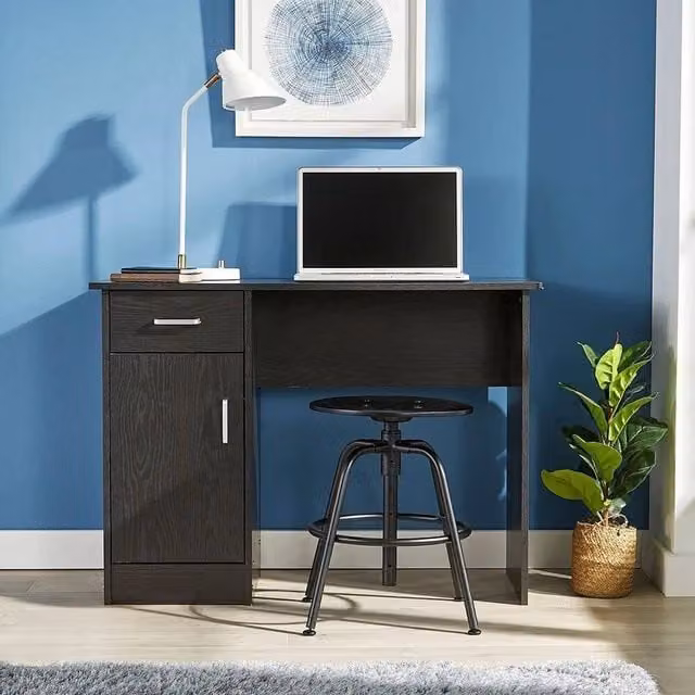 FORGEVIO Black Compact Computer Workstation Office Desk with 1 Drawer and 1 Door – 1