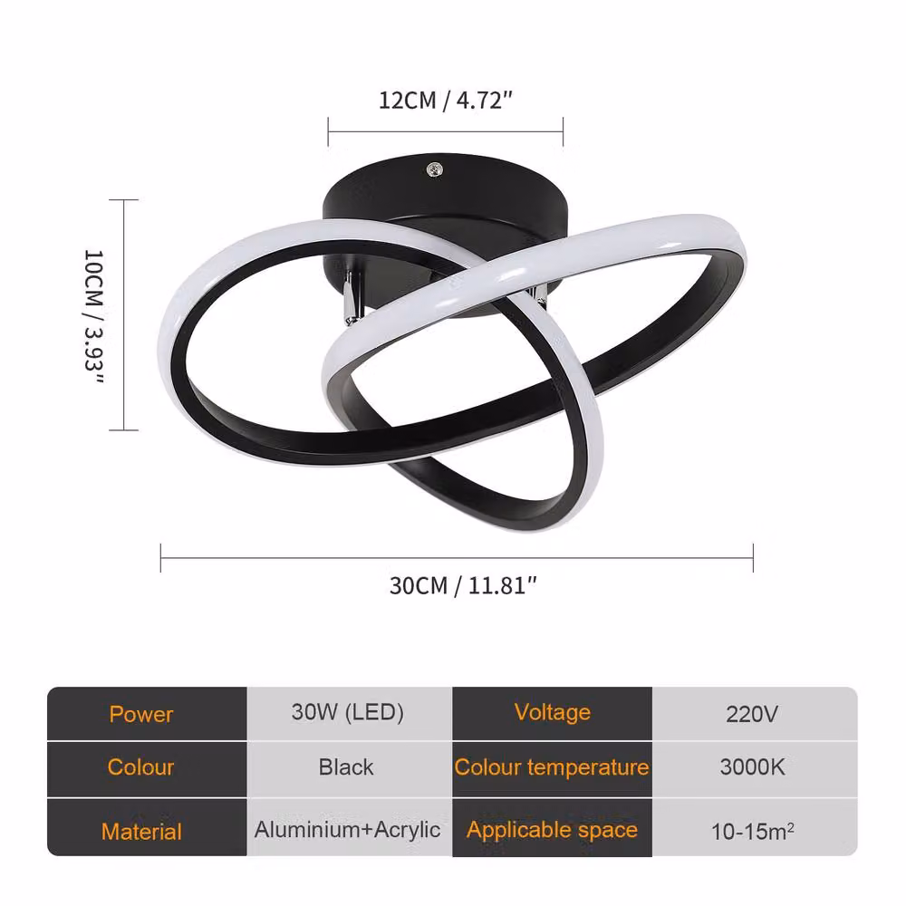 Pheashine Modern LED Ceiling Light, Warm White 3000K, Black, Diameter: 30 cm – 3