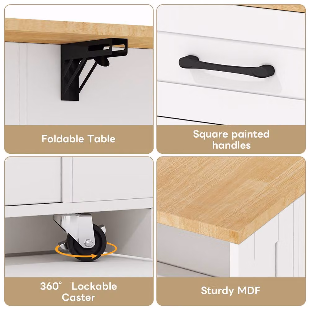 BTM White Kitchen Island on Wheels with Folding Tabletop and USB Storage Cabinet, W/D/H: 92 x 40 x 40 cm – 4