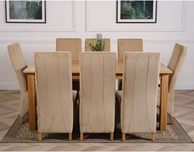 Thats Furniture Oslo Oak Dining Table and 8 Lola Fabric Chairs in Beige and Grey, W: 180 cm, D: 90 cm