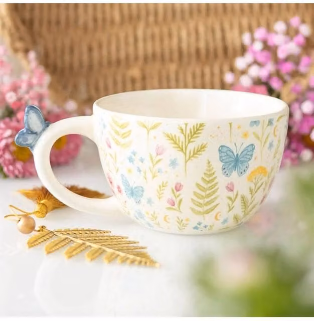 KDMD Luna Bloom Floral Print Ceramic Mug with Butterfly in White and Blue – 1
