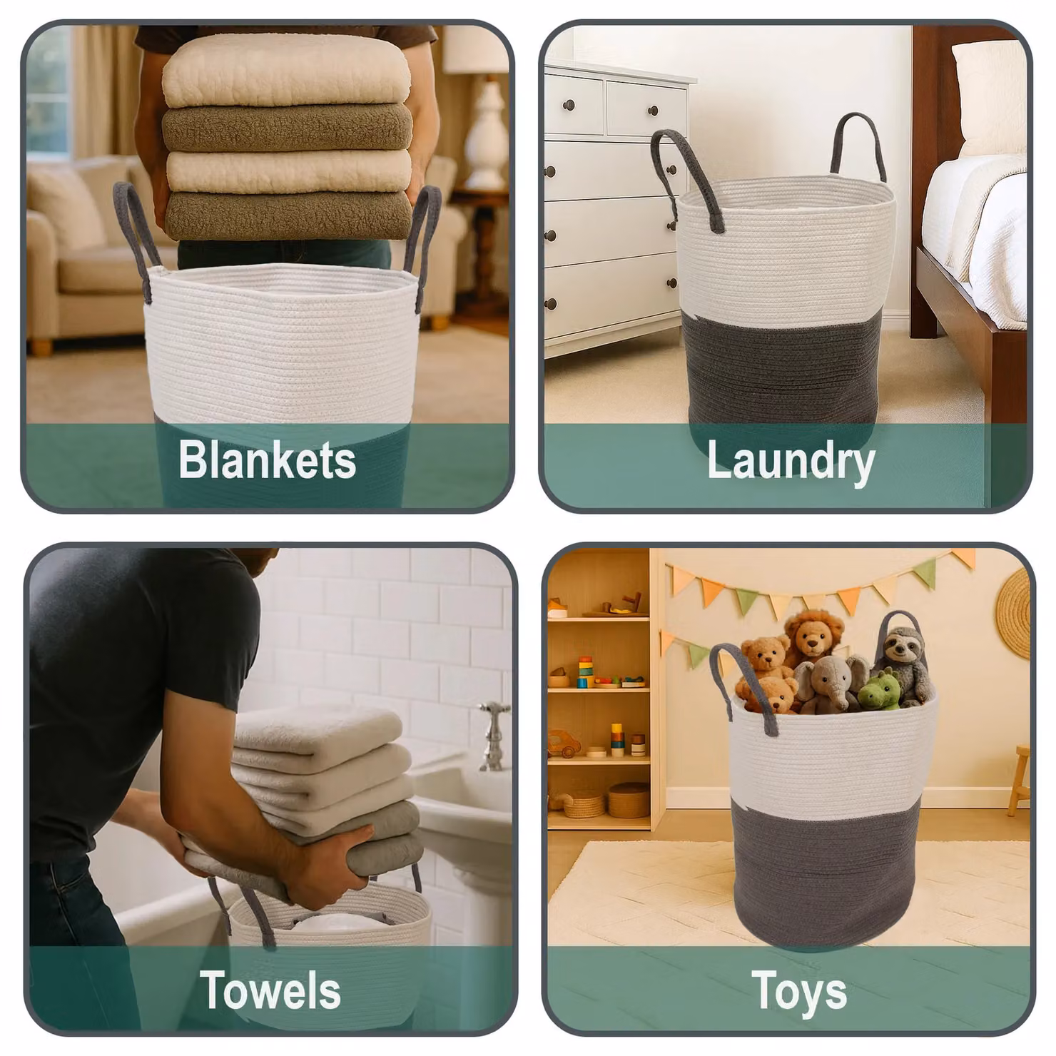 Libbi Lou Soft Woven Cotton Fabric Laundry Hamper Storage Basket in Grey, White and Multicolour, W/D/H: 38.0 x 38.0 x 50.0 cm – 3
