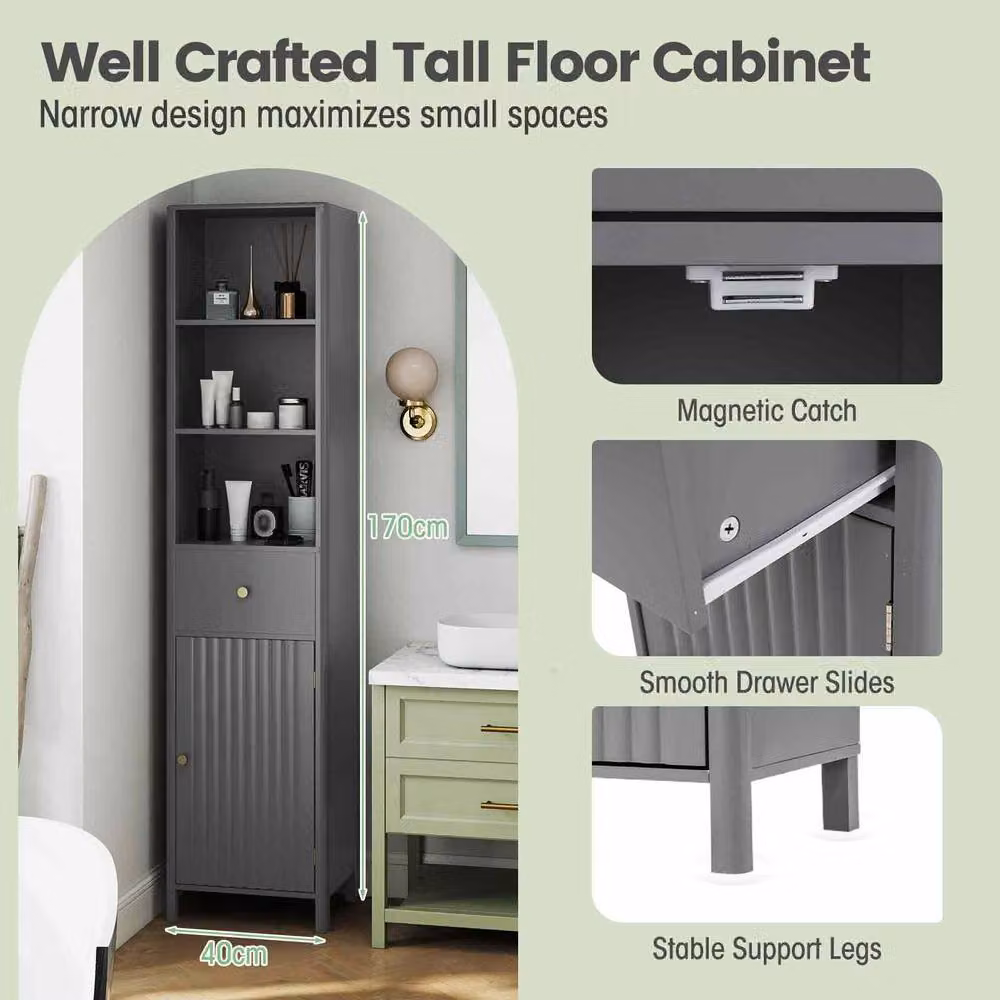 Costway Grey Wooden Narrow Bathroom Floor Cabinet with Fluted Hinged Doors, H 170 x W 40 x D 30 cm – 5