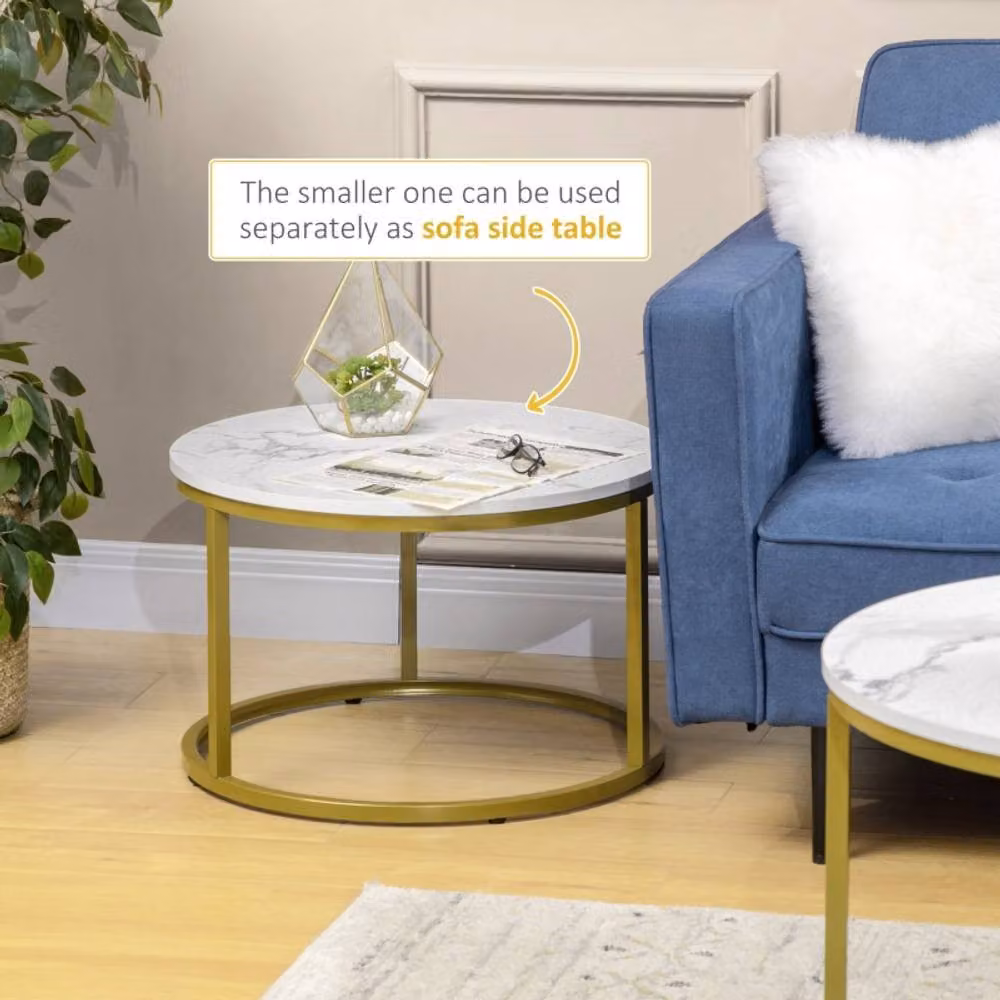 STILVORA Round Nesting Coffee Table Set of 2 with White MDF Tops and Gold Metal Frame – 3