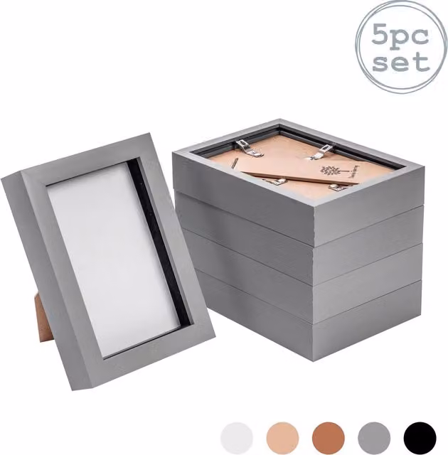 Nicola Spring Pack of 5 Modern Rectangular 3D Box Photo Frames in Grey, W/H: 10.16 x 15 cm