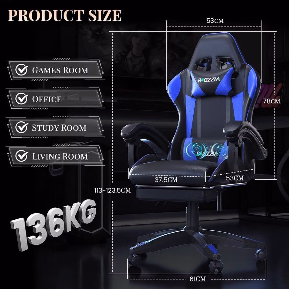 Gartistgo Blue Gaming Chair with Massage, Footrest, Adjustable Recline and Armrests – 2