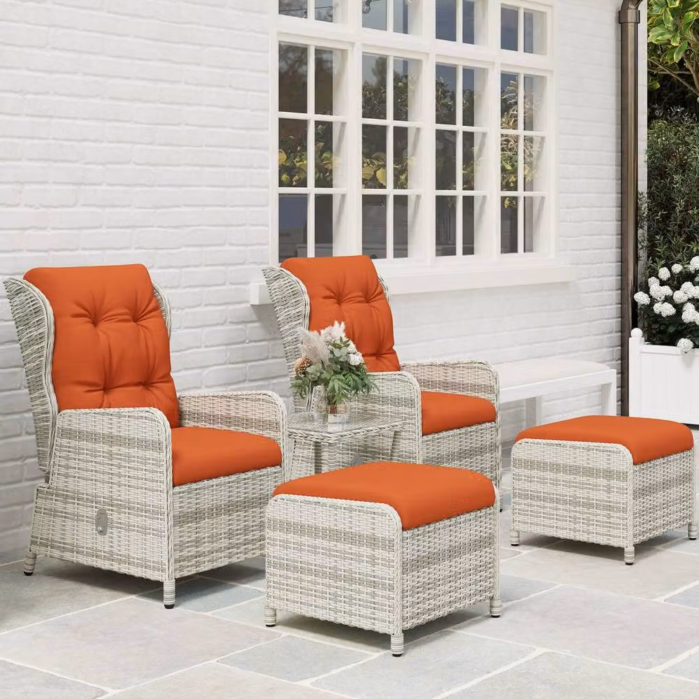 Wyld Haus Bapa 5 Piece Orange Rattan Reclining Bistro Set with Glass Top and Footstools – 5