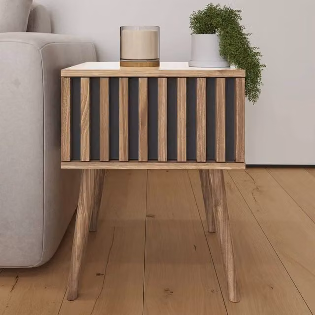 FORGEVIO Mid-Century Brown Side Table with Shelf and Drawer – 1