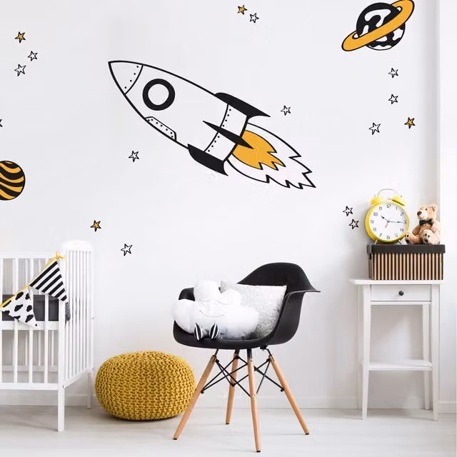 Stickerscape Rocket and Stars Adhesive Wall Sticker Pack in Orange, Blue, White and Black