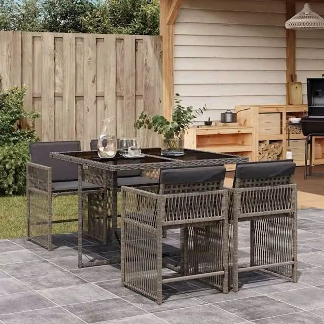 Berkfield Home 5 Piece Grey Poly Rattan Garden Dining Set with Cushions and Glass Top
