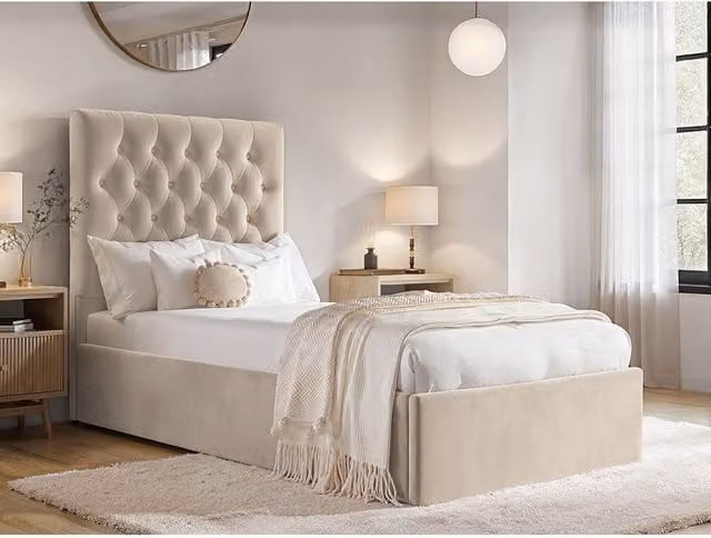 Flair Milan Single Velvet Ottoman Bed in Beige, H 101.0 x W 90 x D 206.0 cm – 1