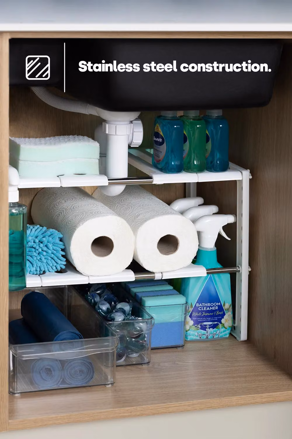 LIVIVO White Adjustable and Extendable Under Sink Storage Organiser Rack W/D/H: 38.0 x 26.0 x 26.0 cm – 2
