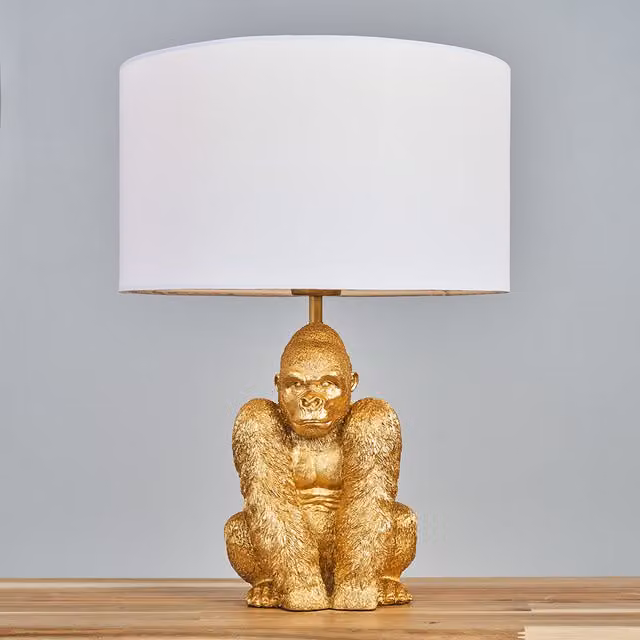 ValueLights Sitting Gorilla Table Lamp in Gold/Brass with White Fabric Cylinder Shade, Height: 48 cm