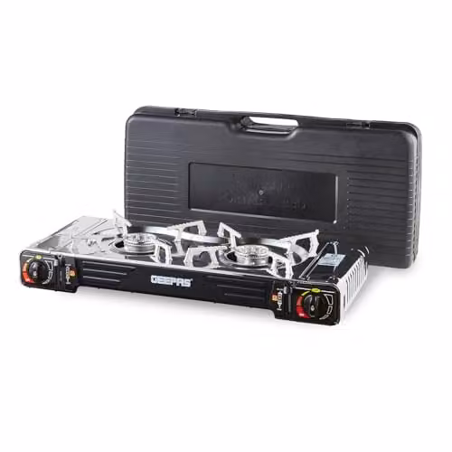 Geepas Double Burner Portable Butane Gas Stove with Carry Case, Black Stainless Steel Tabletop Cooker