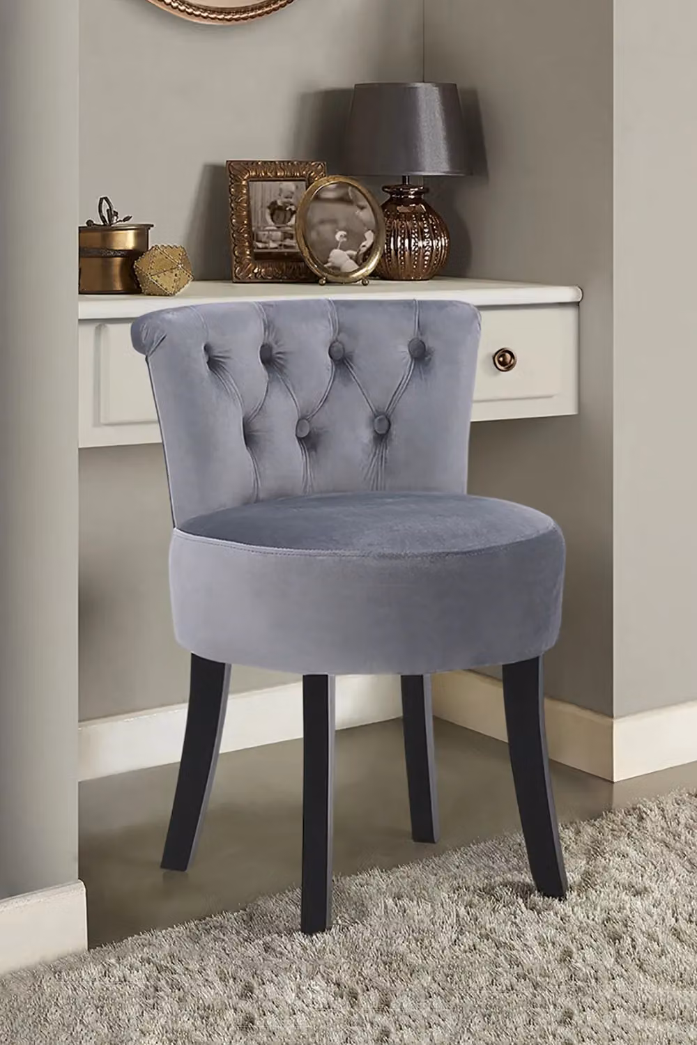 Livingandhome Grey Velvet Button Tufted Upholstered Cylindrical Footstool for Dressing Table – 2