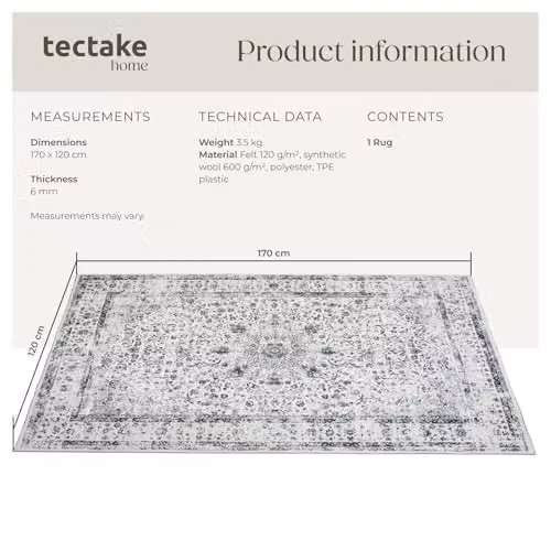 tectake Vintage Oriental Pattern Washable Rug with Non-Slip Base, Grey, Blue and Black, W/D: 120 x 170 cm – 2