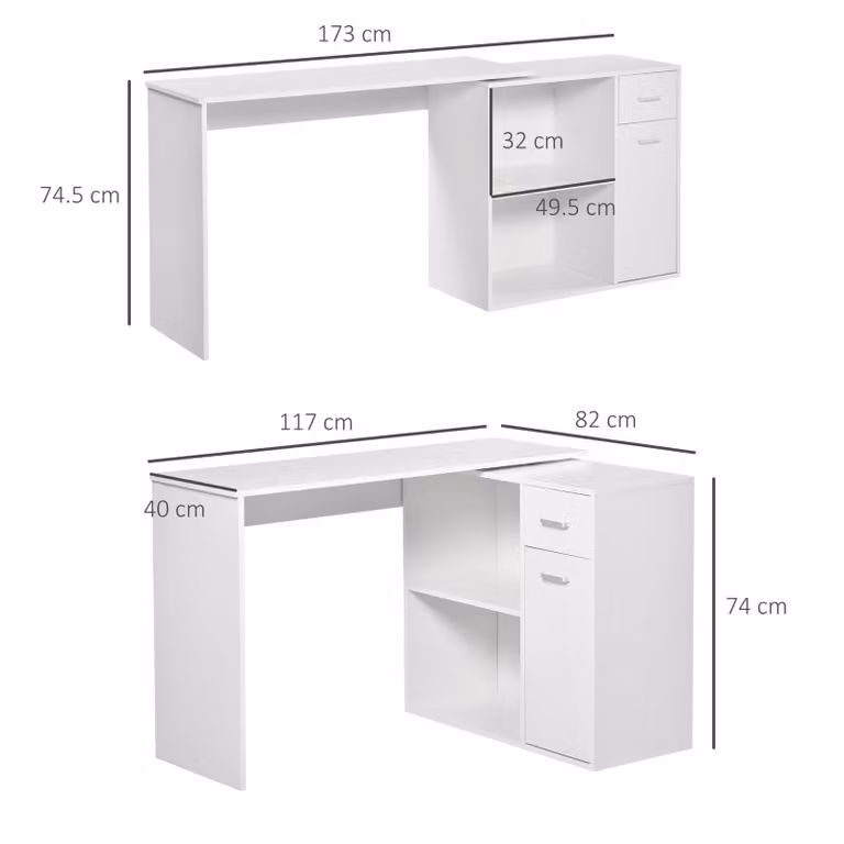 HOMCOM L-Shaped Corner Computer Desk with Storage Shelf, Drawer and Cabinet in White Wood Grain