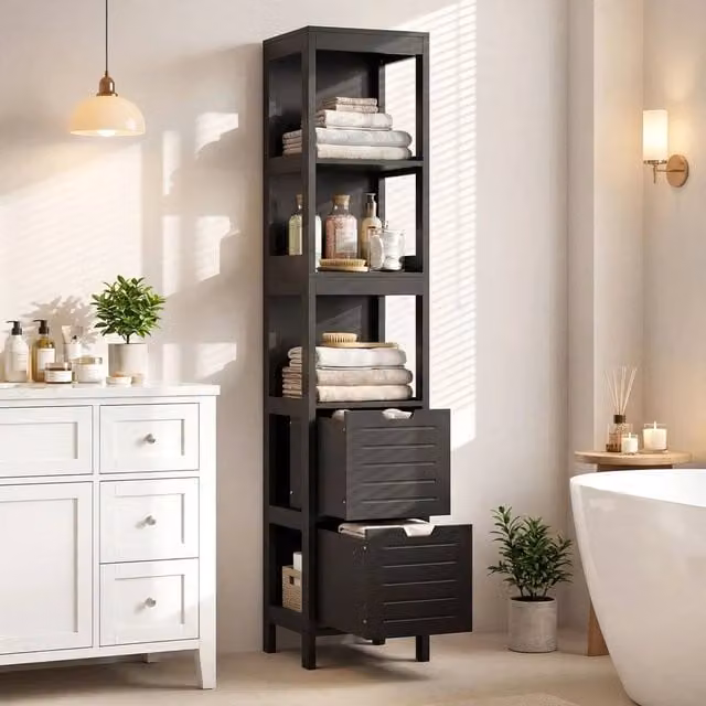 KORVIXA Narrow Freestanding Floor Cabinet with 2 Drawers in Black Wood – 1