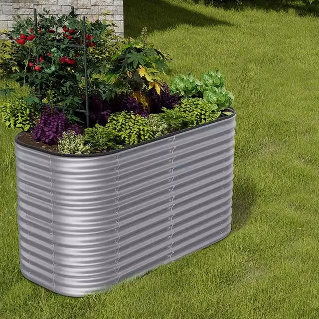 Livingandhome Silver Oval-Shaped Galvanised Steel Raised Garden Flower Bed, 160 cm
