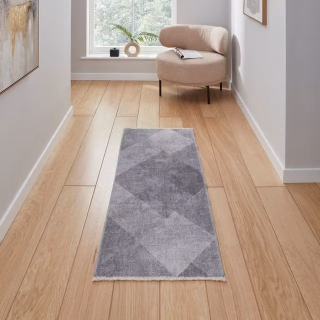 Terrys Grey Geometric Modern Flat Weave Washable Polyester Runner
