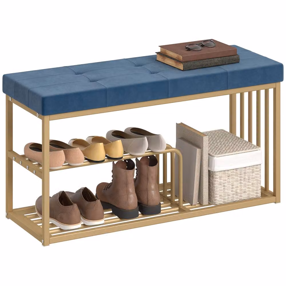 HOMCOM Modern Velvet Shoe Storage Bench with Tufted Seat Cushion in Blue – 2