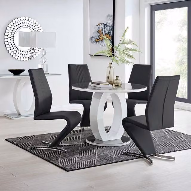 FurnitureboxUK Giovani Round Glass Dining Table and Four Willow Chairs Set in Black and Grey