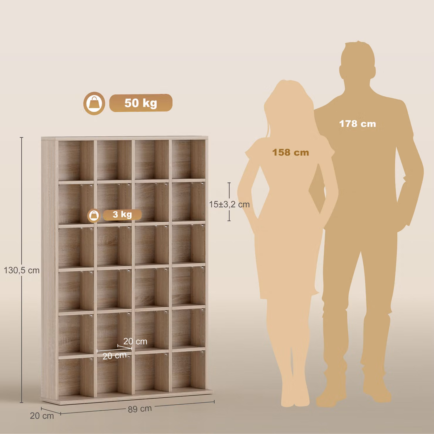 HOMCOM Modern Brown Wood CD Storage Unit with Adjustable Shelves and Media Compartments, W: 89 cm, H: 130.5 cm – 3