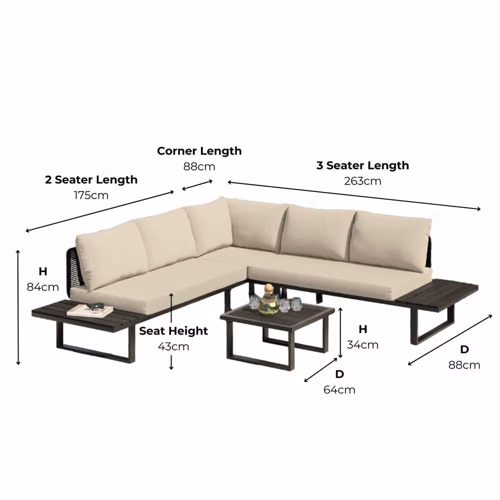 Modish Furnishing Naples 5 Seater Modular L-Shape Corner Garden Lounge Set with Powder Coated Aluminium Frame and Upholstered Cushions in Cream – 6