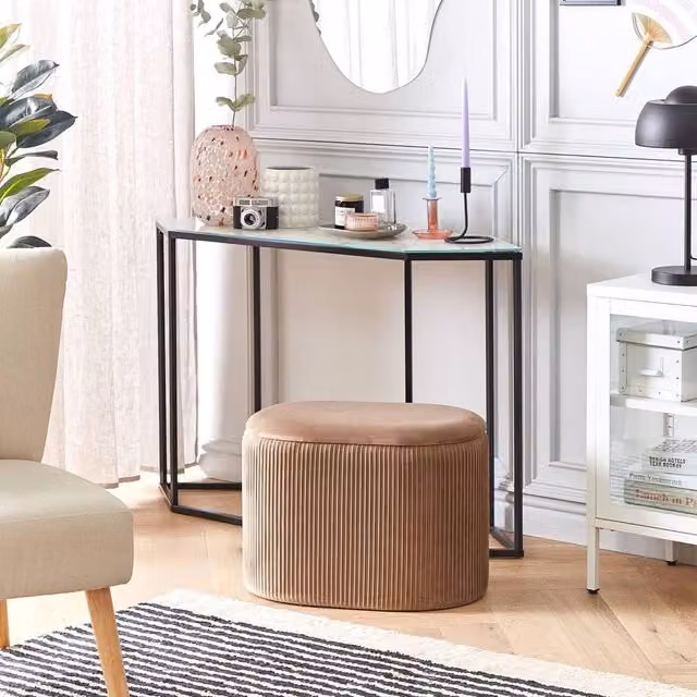 Wyld and Coco Beige Velvet Glamour Pouffe with Hidden Storage – 1