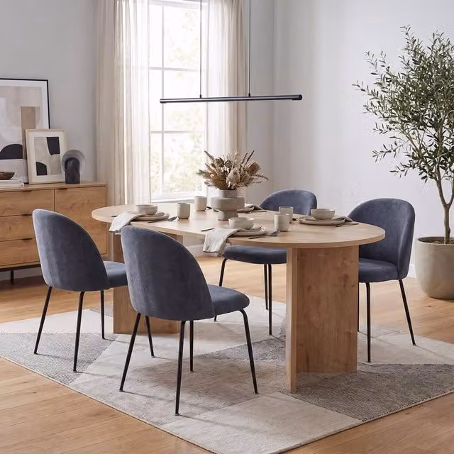 FWStyle 5 Piece Dining Set with Oak Rectangular Table and 4 Blue Chairs in Brown, W: 180 cm, D: 90 cm, H: 75 cm
