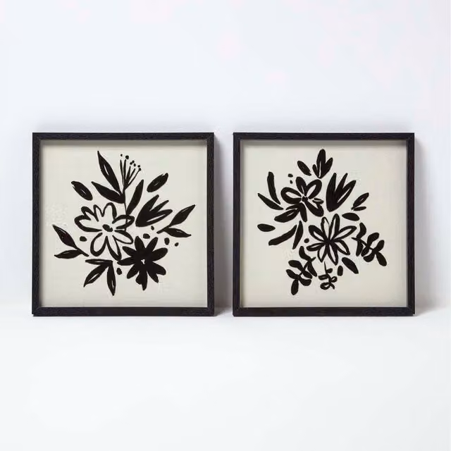 Homescapes Set of 2 Black Floral Canvas Wall Art Illustrations, W/H: 30 x 30 cm