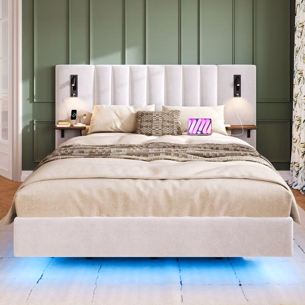 BTM White Velvet King Size Bed with USB Charging, Storage Headboard, Side Compartments and Under-Bed Lighting W/D/H: 180 x 200 cm – 3
