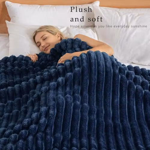 DYZI Supersoft Ribbed Jacquard Fleece Throw Blanket in Blue, Polyester Plush Blanket for Sofa and Bed – 2