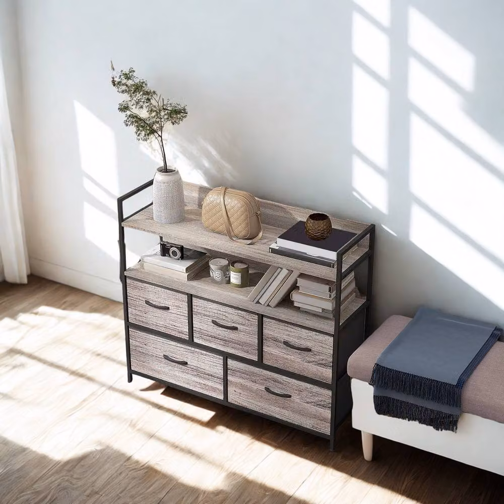 FURNOS Industrial 5 Drawer Chest Storage Unit with Shelves in Grey and Black Metal – 5