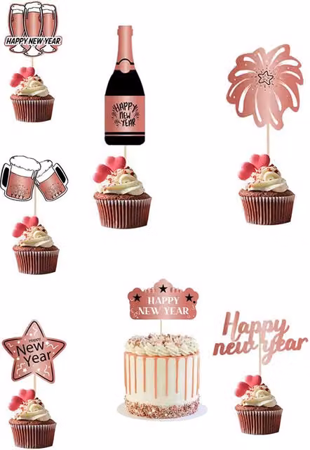 Neel Blue 7 Pcs Cupcake Toppers and Rose Gold Cocktail Sticks