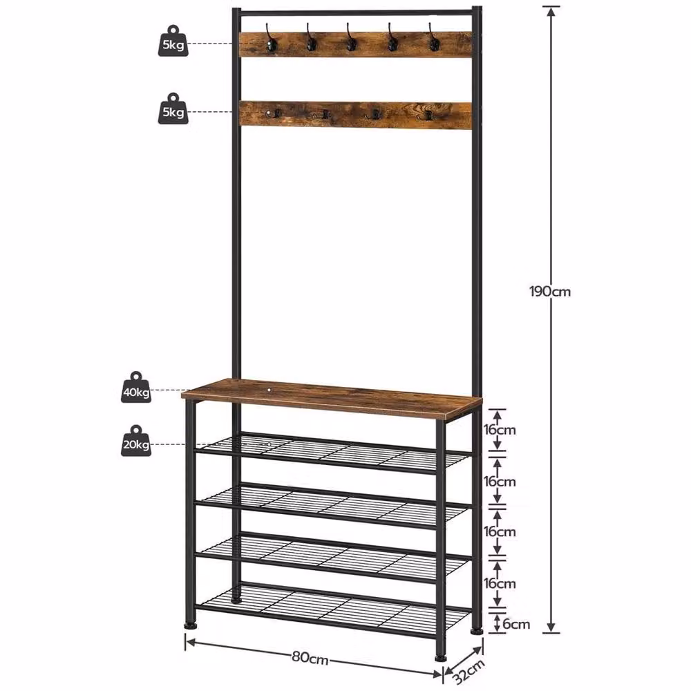 HOOBRO Industrial Hall Tree with Bench and 9 Hooks in Black – 2