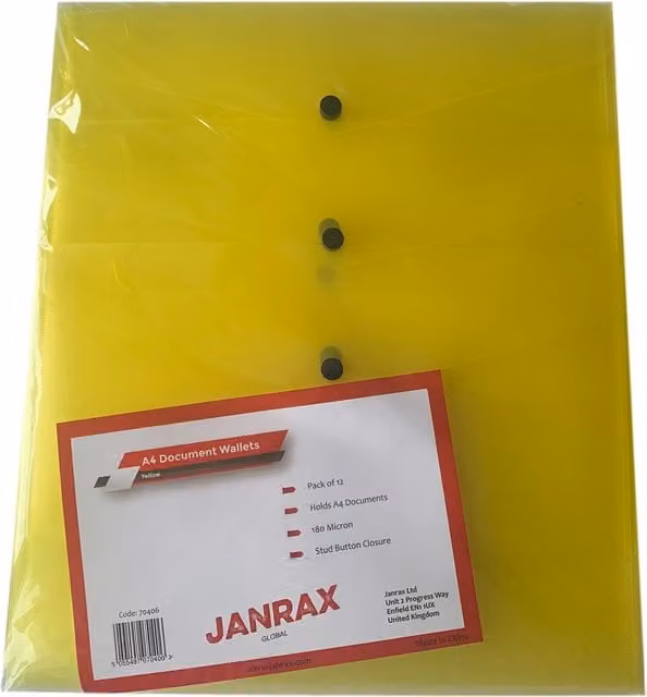 Pack of 60 Janrax A4 Yellow Plastic Snap Document Wallets