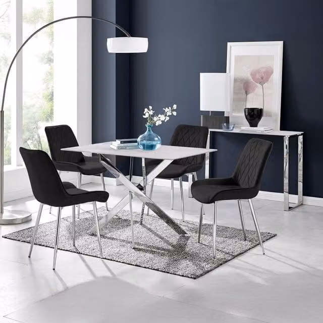 FurnitureboxUK Leonardo White Glass Marble Effect Dining Table with 4 Black Pesaro Chairs and Silver Legs