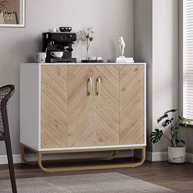 Livingandhome Modern White Wooden Dual-Door Side Storage Cabinet with Internal Shelves
