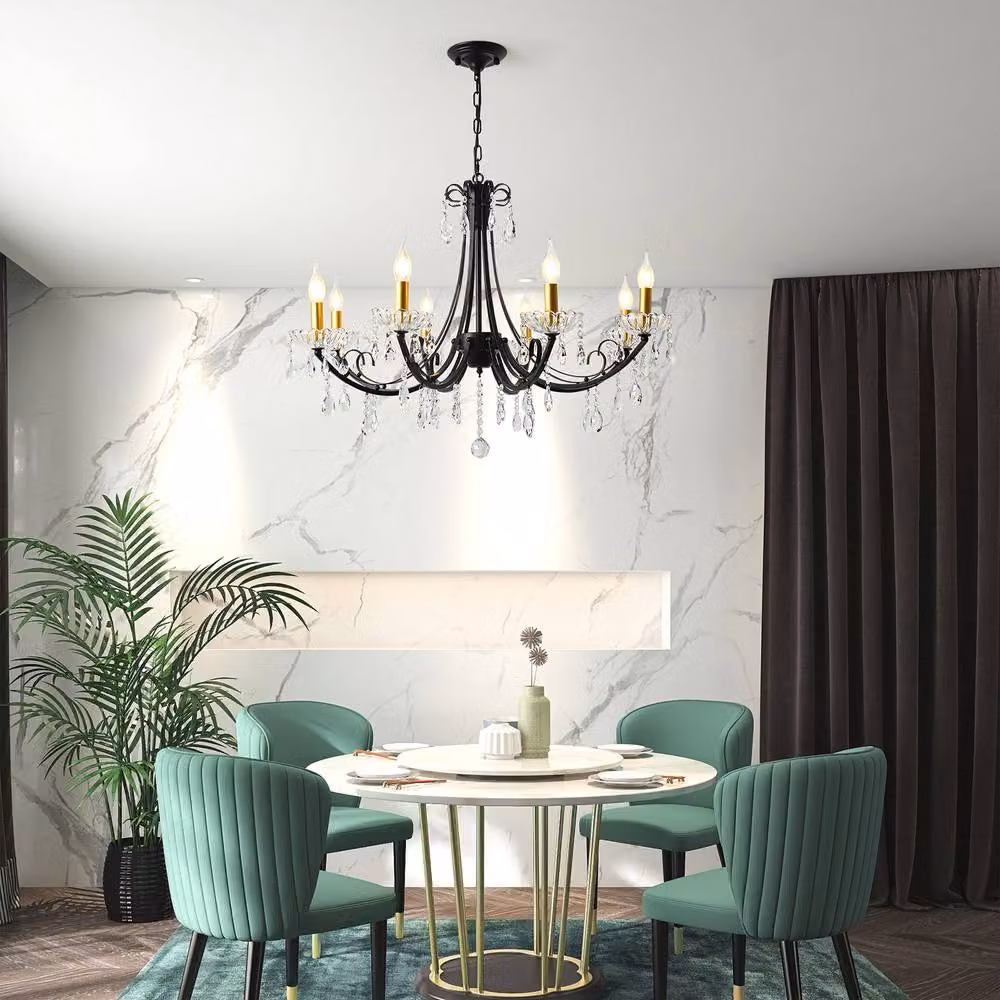 NIVOR 8-Light Vintage K9 Crystal Pendant Chandelier in Black and Gold/Brass with Adjustable Height – 2