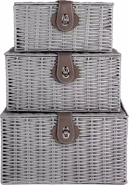 MANTRARAJ Set of 3 Resin Wicker Woven Storage Baskets with Lids and Handles, Black and Grey