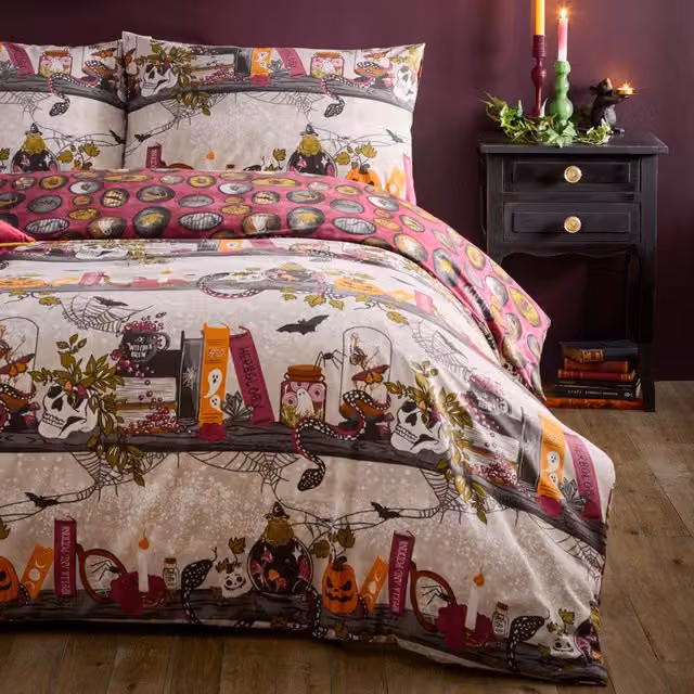 Witchy Tales Reversible Graphic Printed Duvet Cover Set, Multicoloured and Pink, 180 x 200 cm