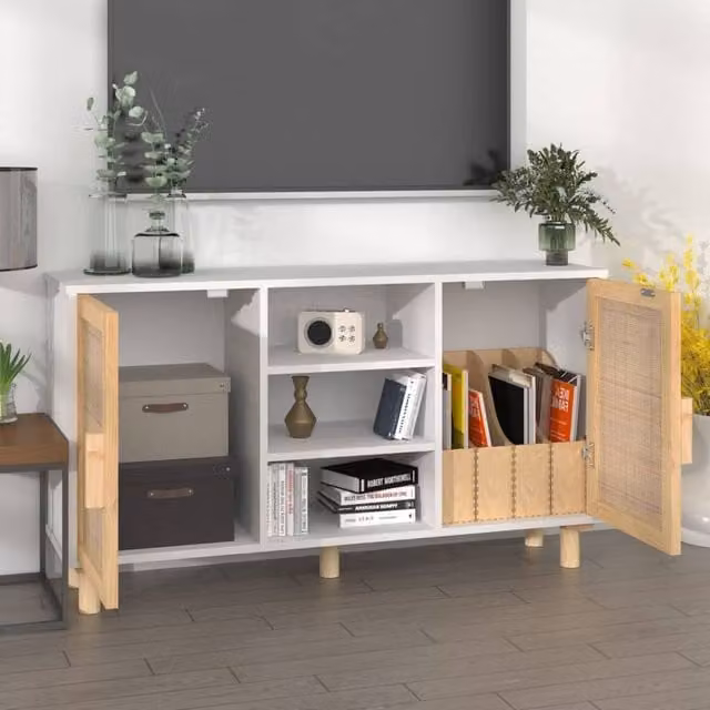 Berkfield Home White Sideboard in Solid Pine and Natural Rattan, W/D/H: 105 x 30 x 60 cm – 1