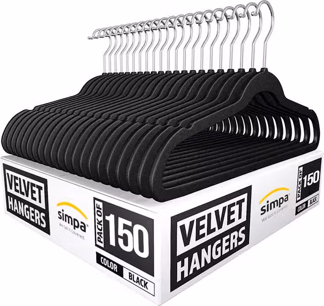 Simpa Heavy Duty Velvet Non-Slip Space Saving Clothes Hangers with 360 Degree Swivel Hook, Black and Silver, Pack of 150 – 1
